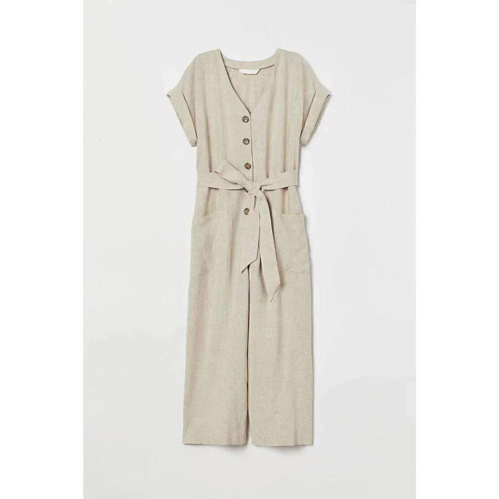 H&M Linen Viscose Blend Jumpsuit Overalls Beige